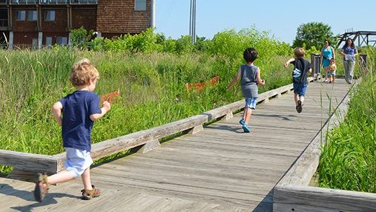 Kids running on DuPont Environmental Education Center's pond loop in summer