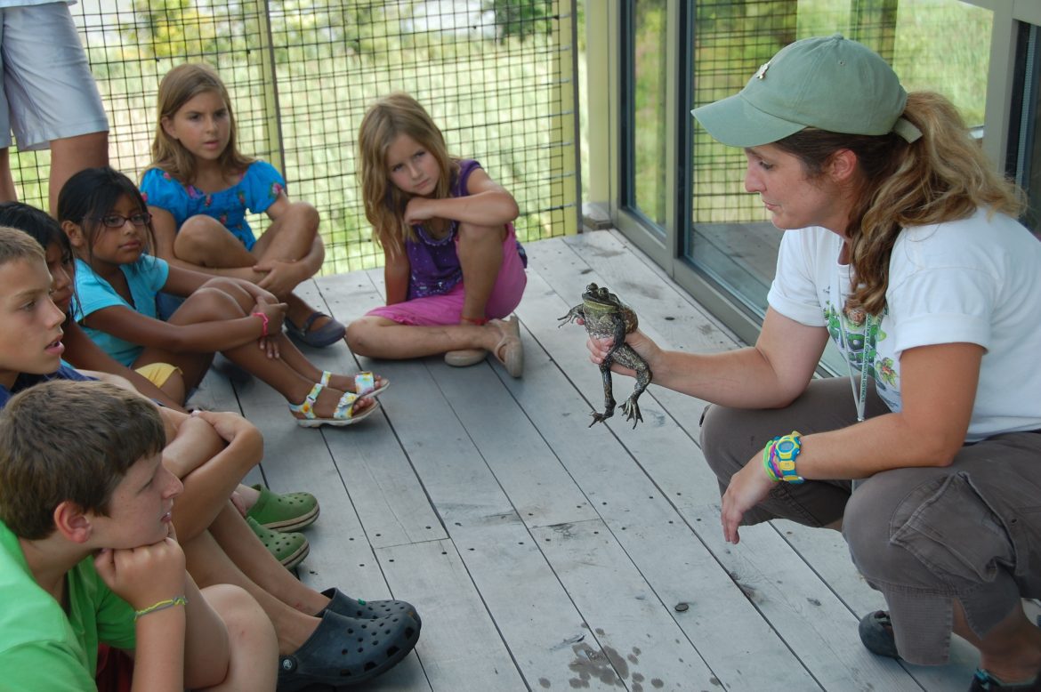 DEEC teacher showing frog to children - Photo by John Harrod